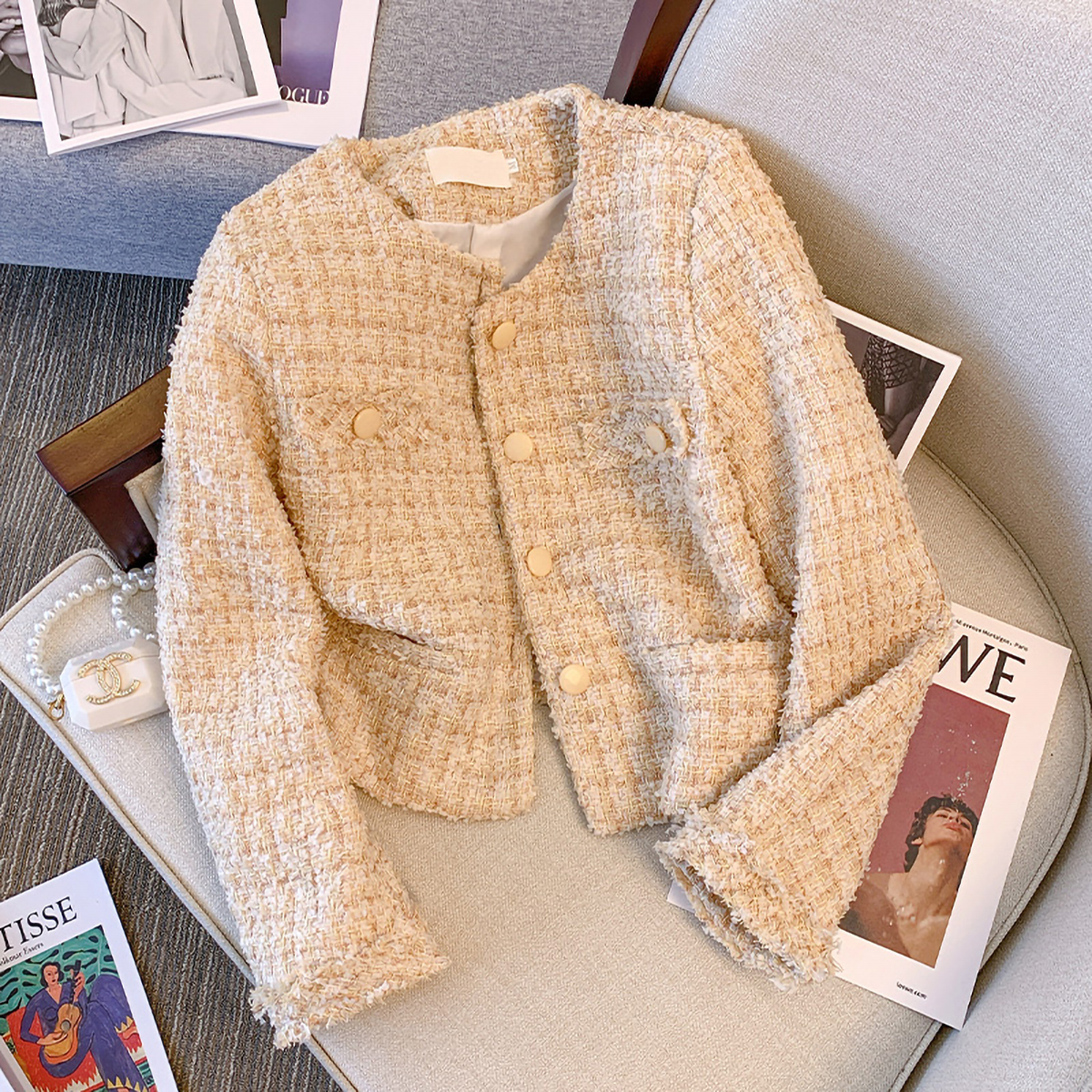 Quality Inspection Officer Picture Xiaoxiangfeng Autumn and Winter Jacket Women's French Lady Style Tweed Short Long Sleeve Jacket Top
