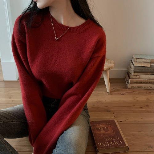 韩国chic基础款纯色套头毛衣新年红色长袖针织上衣女