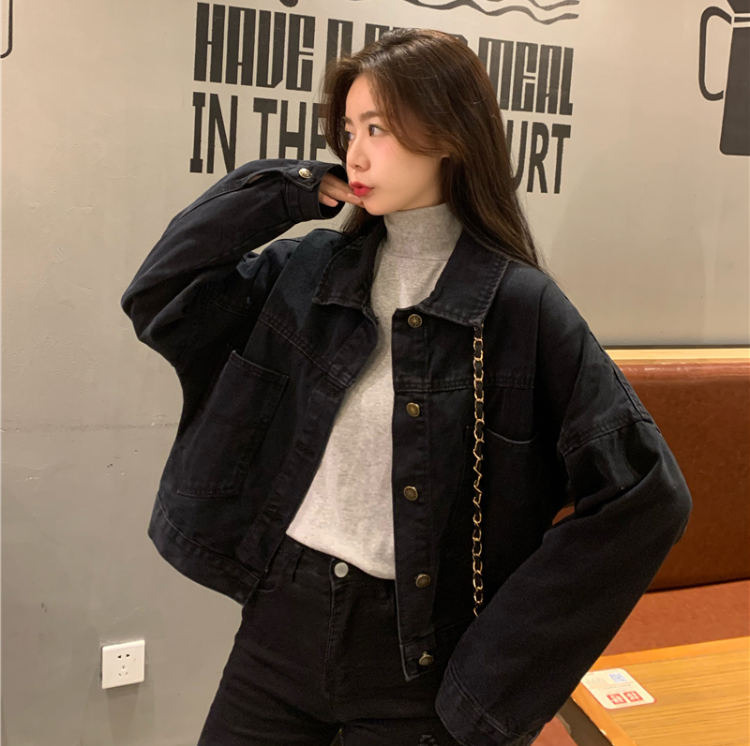 實拍-秋裝新款長袖牛仔短款寬鬆大碼女裝胖mm韓版外套S-5XL200斤