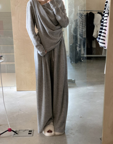 韩国chic新款设计感不规则上衣+直筒抽绳阔腿裤套装