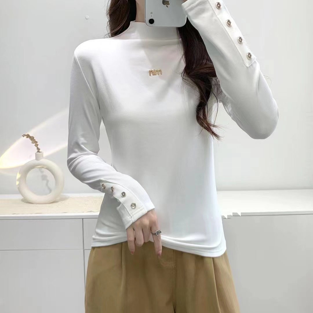 半高領薄絨加厚打底衫女2023秋冬新款高彈力顯瘦內搭長袖T恤上衣