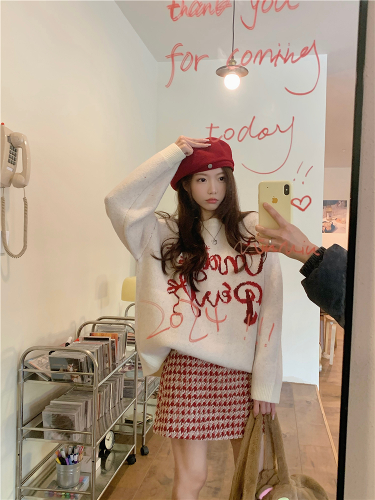 實拍~大碼甜美聖誕套裝女冬季慵懶風軟糯毛衣上衣+短裙兩件套