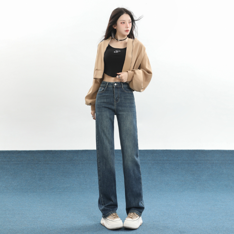 實拍2024早春新款高腰闊腿牛仔褲女垂感窄版直筒褲