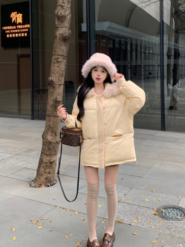 Actual shot~Milk Puff Cream Yellow Fur Collar Hooded Down Jacket Women's Winter Thickened Bread Jacket