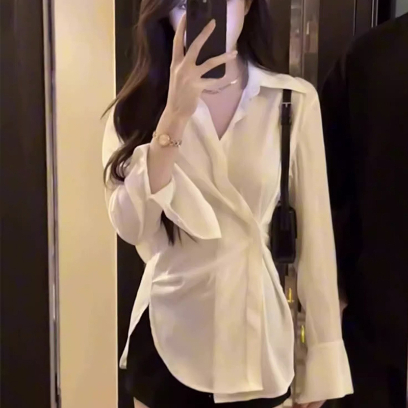 官圖 長袖襯衫女裝早秋薄款設計感襯衣寬鬆中長款開衫上衣