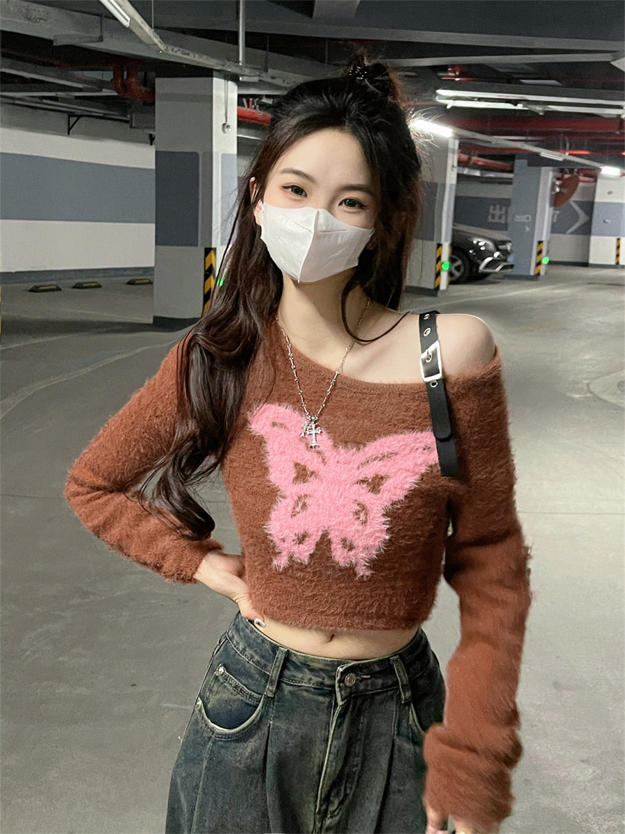 實拍秋冬美式復古甜辣妹短款露肩上衣水貂絨毛衣針織衫女