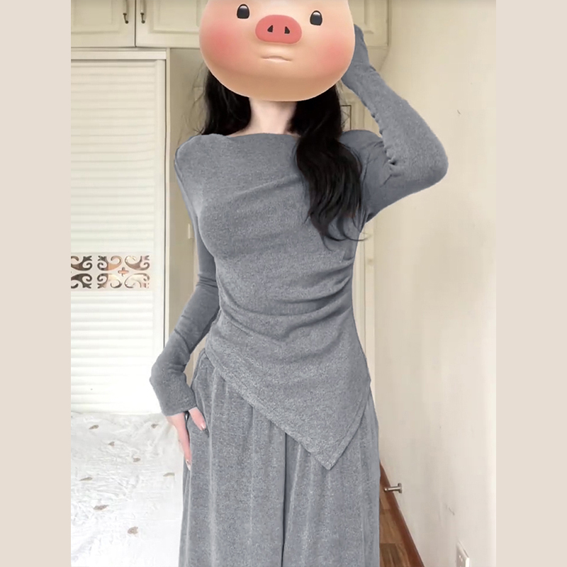 高級感氣質套裝女2023新款秋冬季一字肩長袖上衣闊腿長褲子兩件套