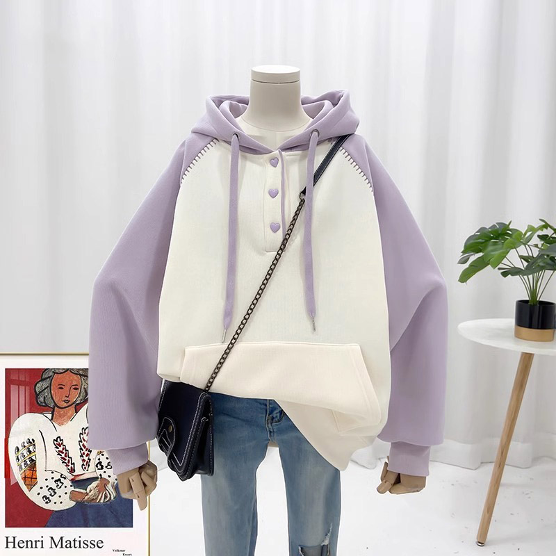 Original workmanship, contrasting colors, Korean style niche half-open love button plus velvet, soft and comfortable hooded sweatshirt