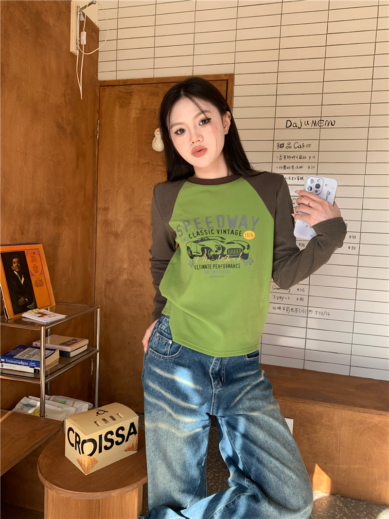 實拍 美式復古插肩加厚長袖T恤