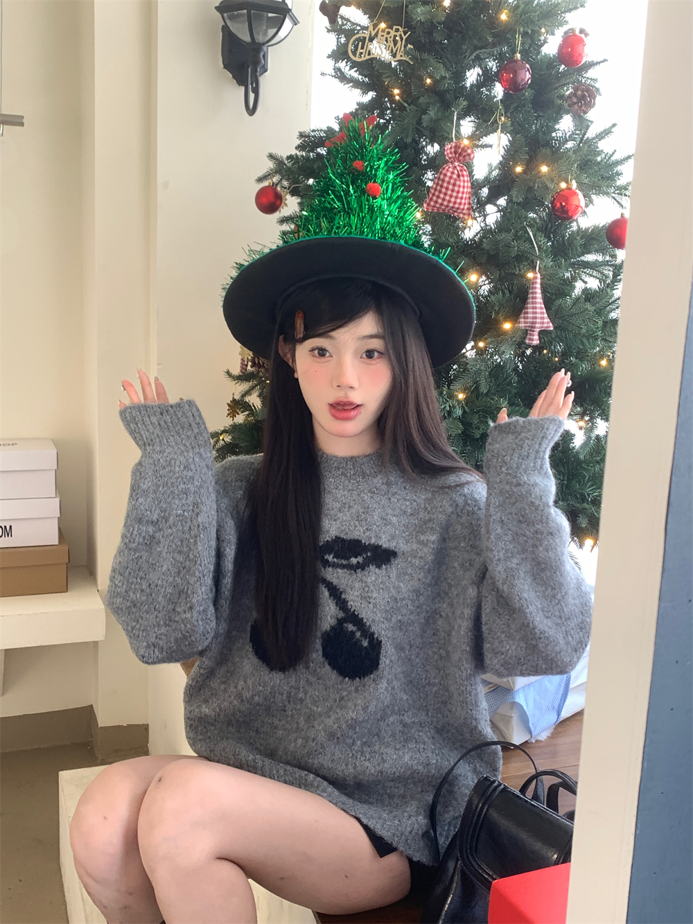 實拍灰色櫻桃提花加厚毛衣女百搭寬鬆套頭長袖上衣女