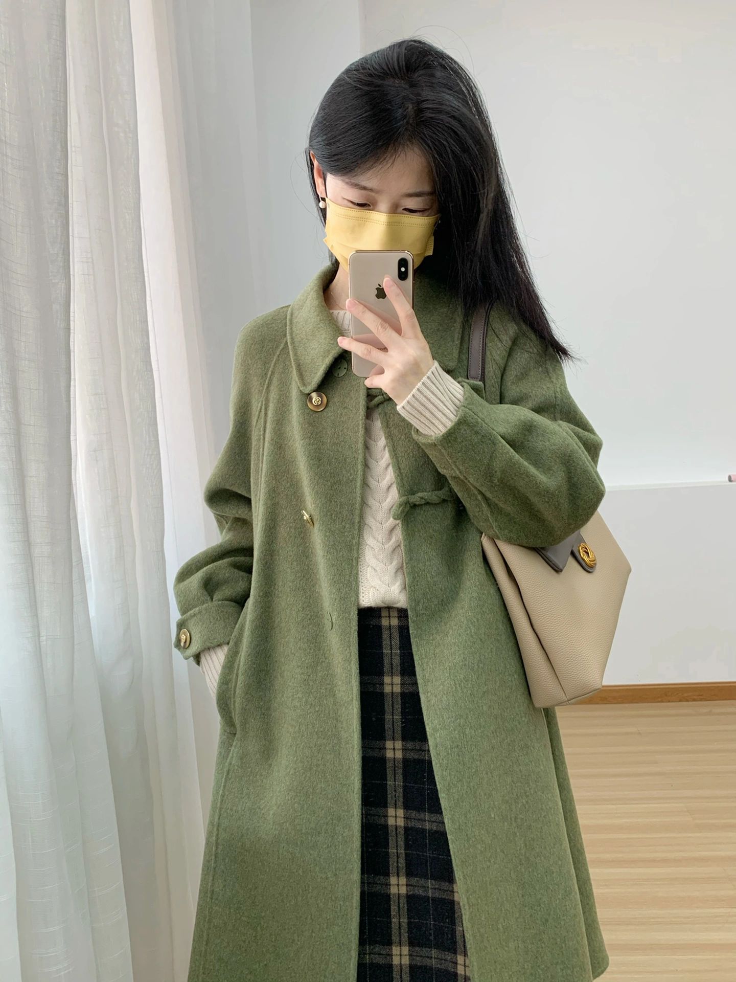 2023 new design moss green French retro woolen coat for women autumn high-end vintage woolen coat for women