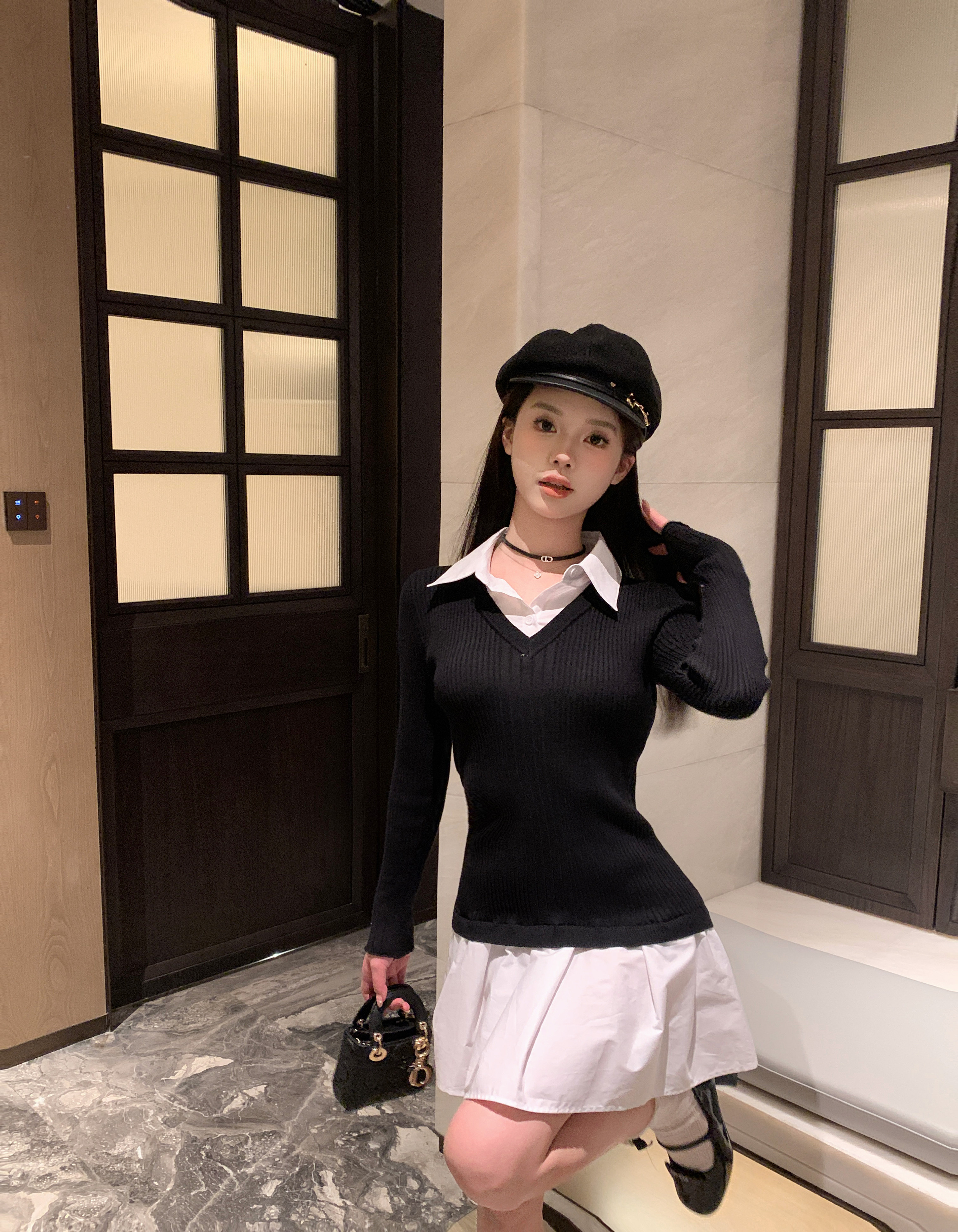 實拍~設計感假兩件拼接Polo領連衣裙女冬季收腰A字裙百褶短裙