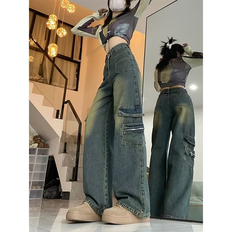 大碼美式高街工裝牛仔褲女秋冬胖mm寬鬆顯瘦高腰直筒闊腿拖地褲子