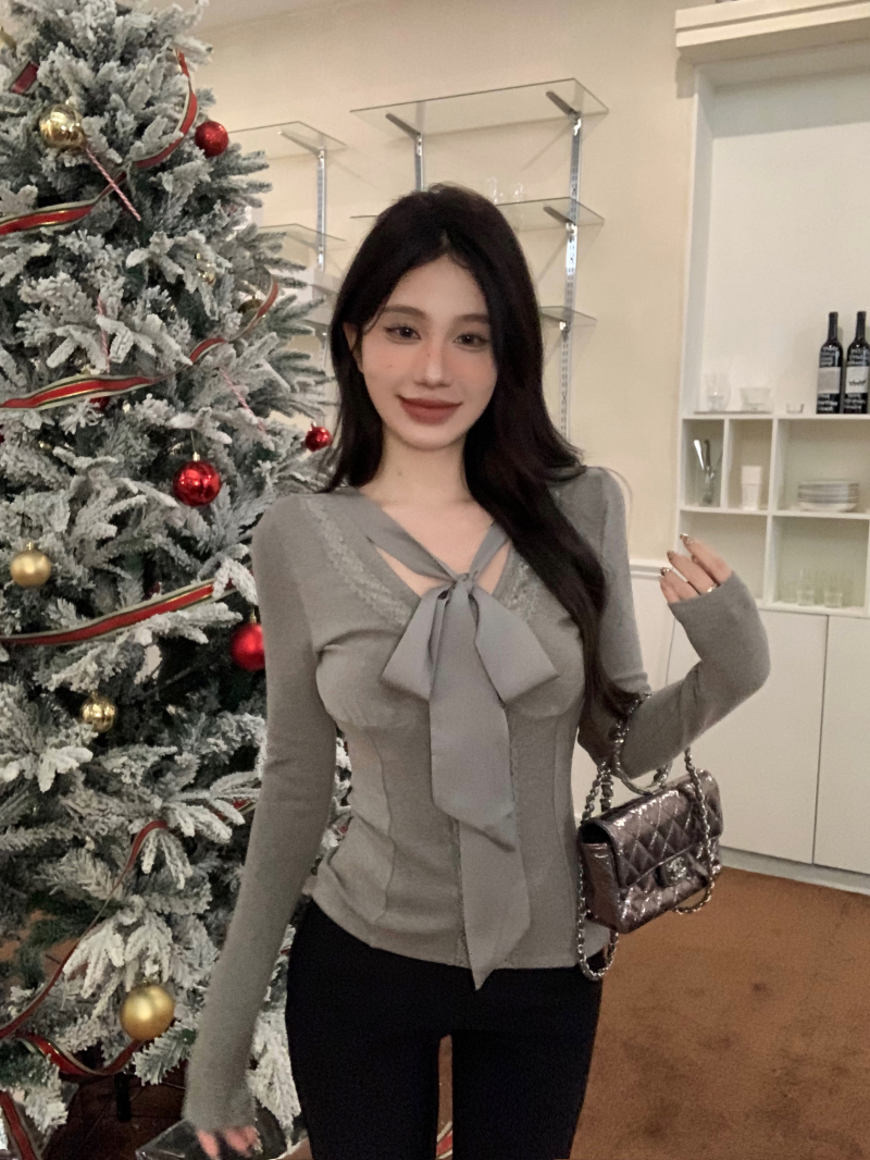實拍 白月光秋冬內搭蝴蝶結溫柔氣質御姐顯瘦上衣女