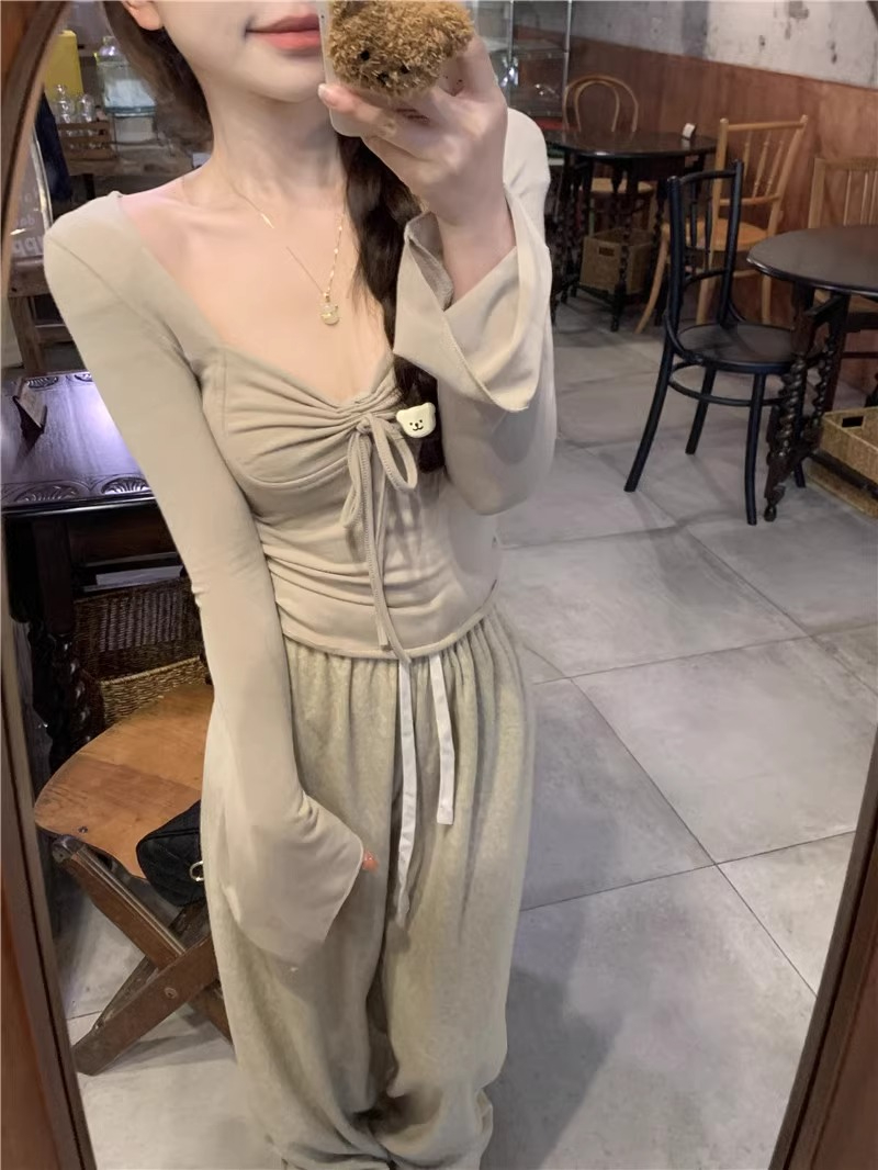 美拉德抽繩打底衫女秋季韓版2023新款修身顯瘦純欲內搭長袖T恤ins