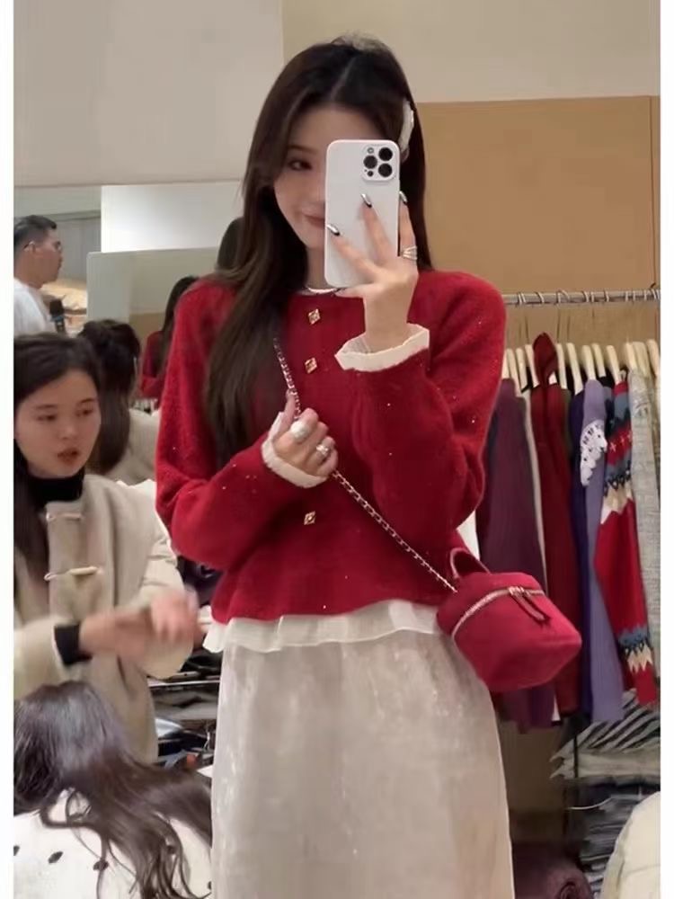 韓劇女主穿搭法式桔梗富家千金奶fufu過年新年紅色毛衣