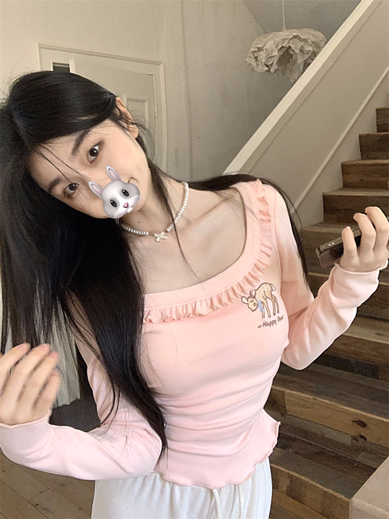 實拍   舒適嬰兒絨軟糯收腰荷葉邊帶胸墊打底上衣