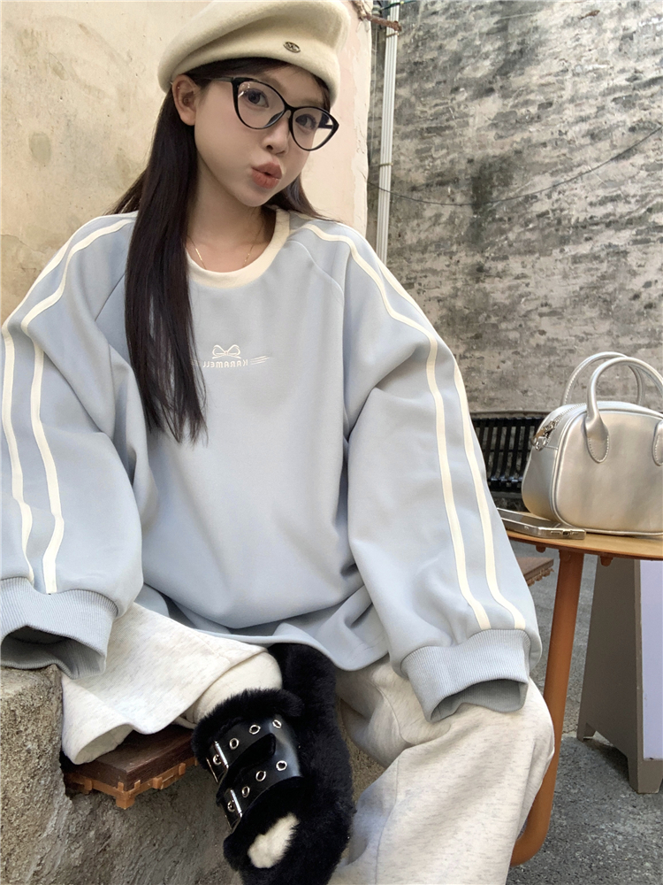 實拍~大碼女裝複合加絨慵懶風圓領衛衣女插肩袖拼接撞色上衣