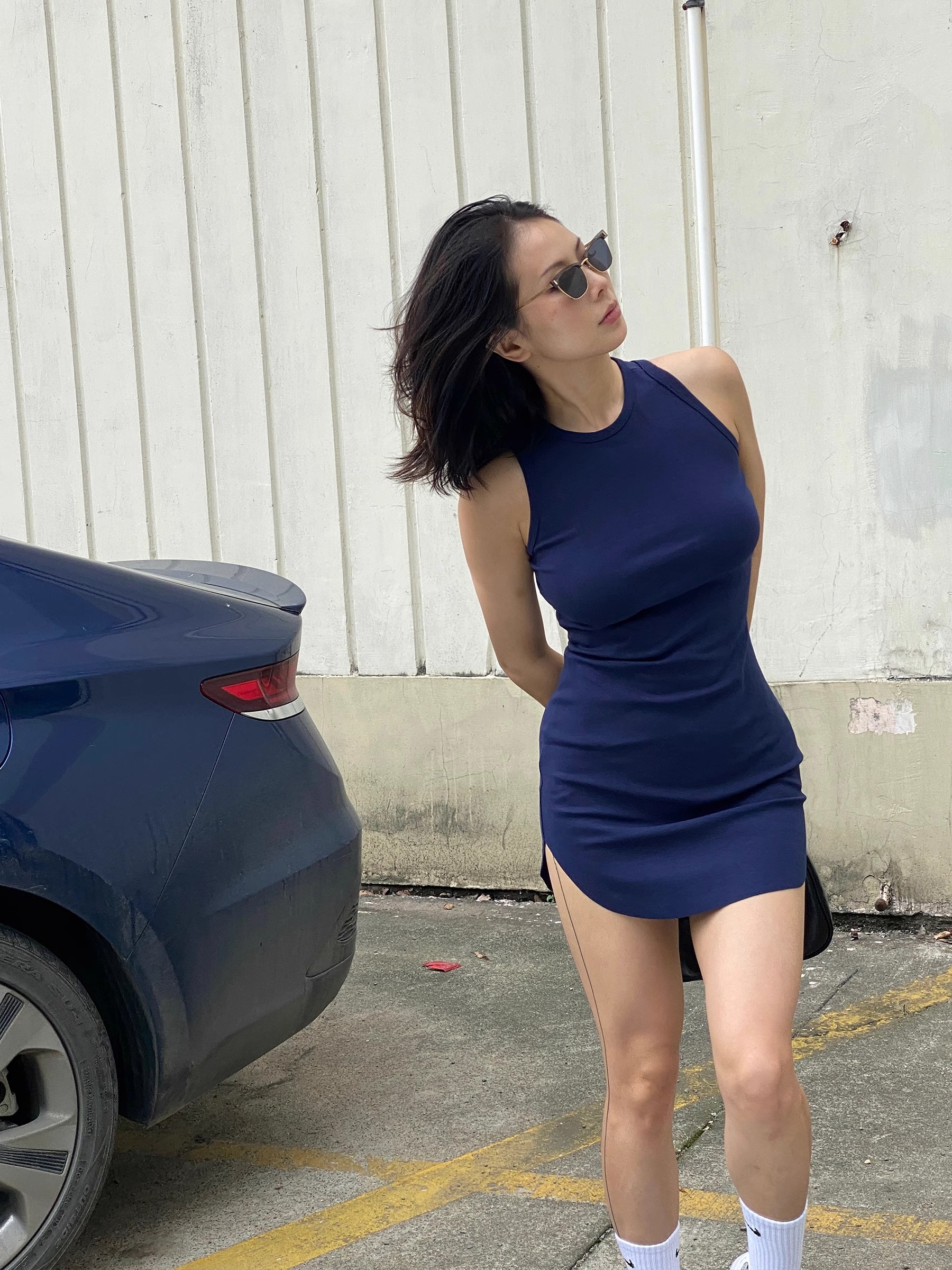 DINDI 彈力無袖背心短款連衣裙圓領辣妹包臀裙ins歐美風純色夏季