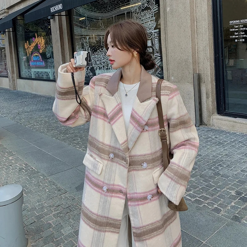 New autumn and winter loose suit collar gentle woolen coat women's design plaid wool mid-length coat
