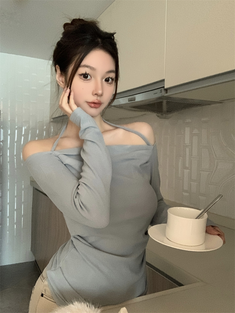 實拍 修身設計感小眾掛脖上衣打底衫露肩氣質內搭T恤