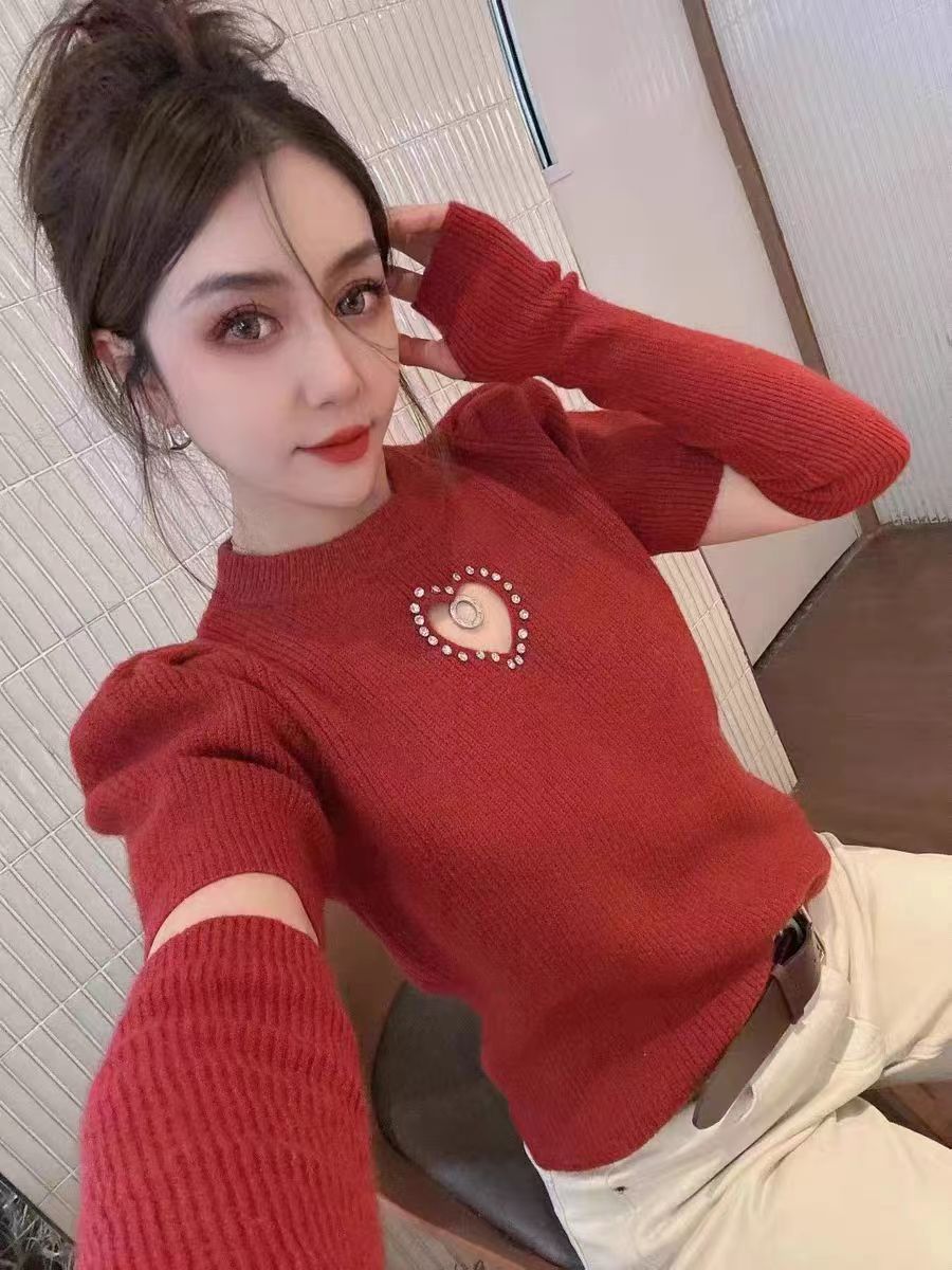 重工愛心釘珠鏤空針織T恤女歐貨袖套款上衣時尚內搭加厚打底衫潮
