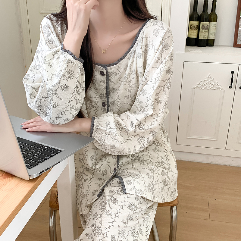 實拍樹皮皺2024年韓版新款睡衣女長袖套裝休閒家居服甜美可愛