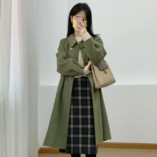 2023 new design moss green French retro woolen coat for women autumn high-end vintage woolen coat for women