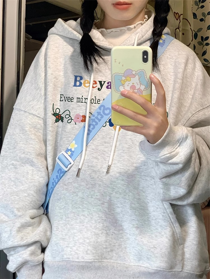 薄款華棉牛奶絲 加絨華棉銀狐絨 印花衛衣女連帽簡約高級感上衣