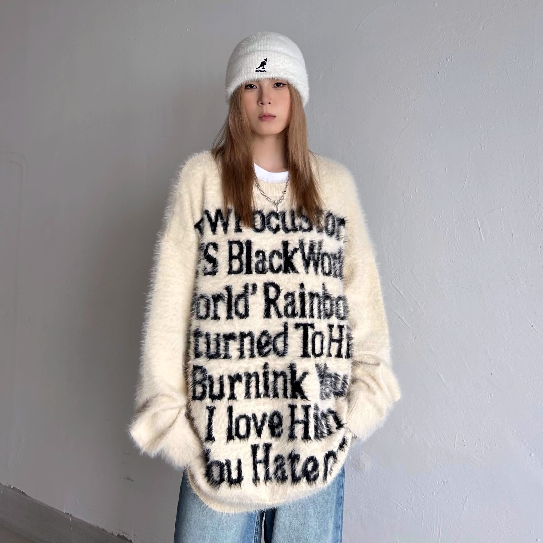 Wowa美式情侶毛衣秋冬款復古馬海毛小眾慵懶風圓領針織衫男女潮牌