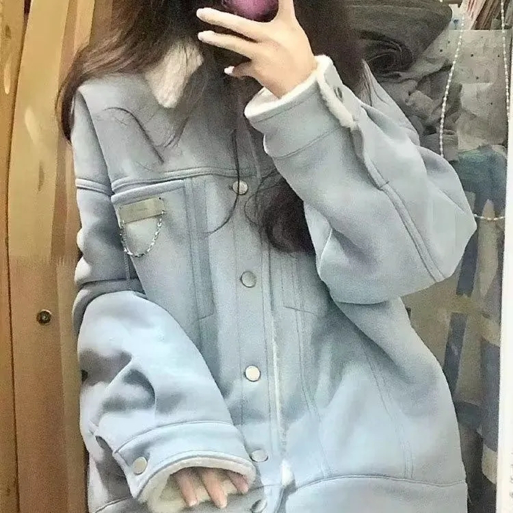 Reversible, suede lining alpaca thickened and warm women's Korean style loose ins trendy brand jacket