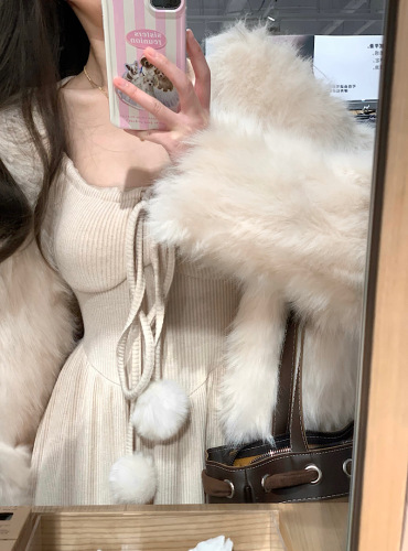 Actual shot of Gentle Sister’s vertical short fur coat + bonus knitted mid-length fur ball dress