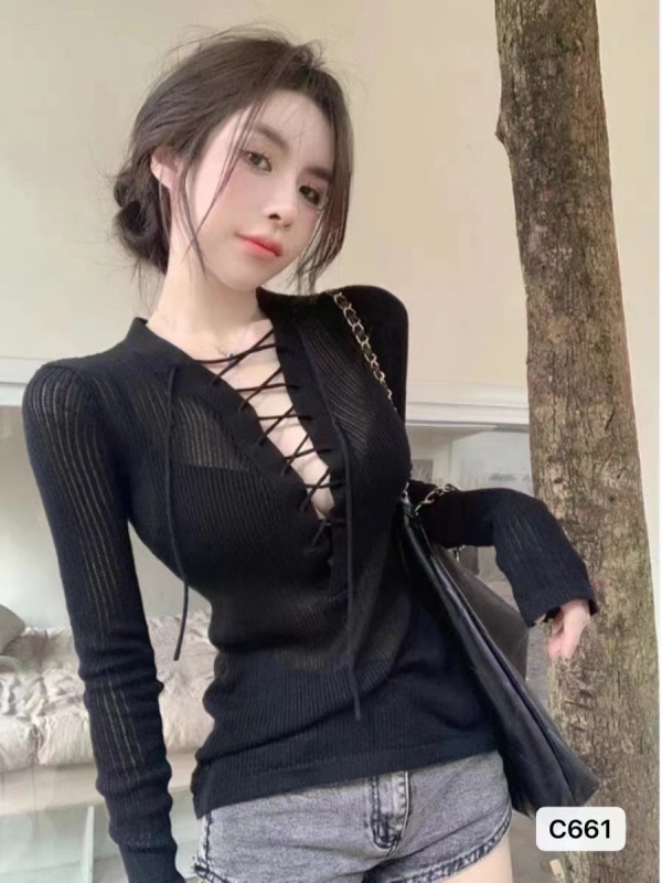 2023秋冬新款性感辣妹V領系帶微透設計長袖上衣女