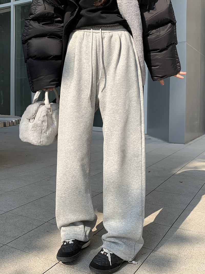 實拍 運動褲女冬款高腰寬鬆直筒休閒闊腿加厚加絨美式衛褲