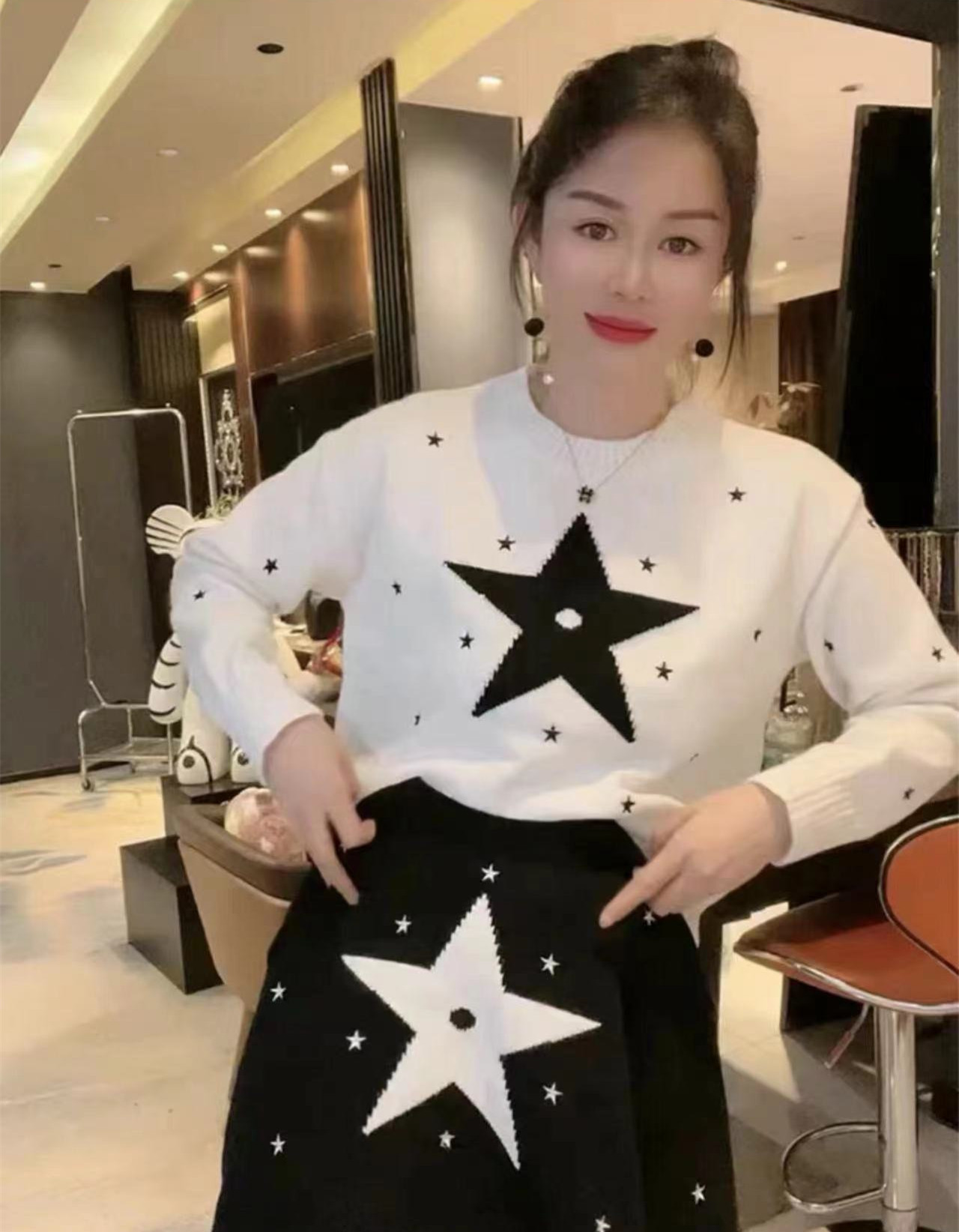 歐洲站2023年冬季新款星星提花設計感小眾針織衫時尚減齡上衣女裝