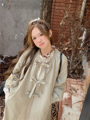 Actual shot~~Mung bean gray mid-length loose temperament strapped A-line round neck coat and windbreaker jacket~
