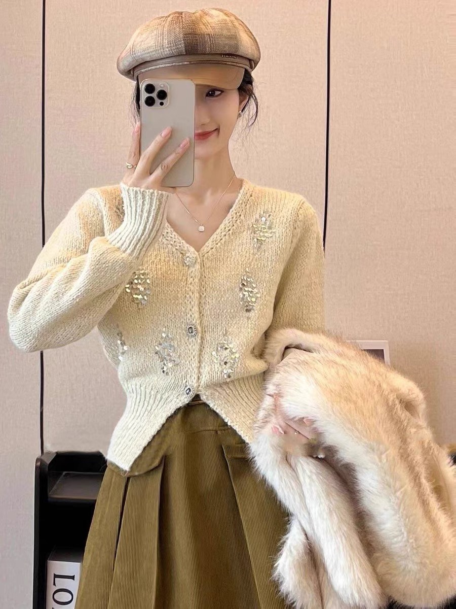 法式V領亮片外套毛衣秋冬新款女小個子慵懶風單排扣外搭針織開衫