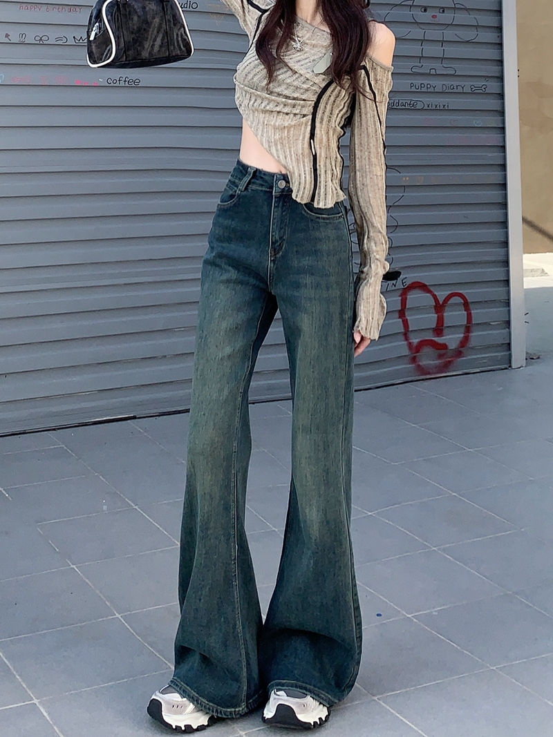 實拍#高腰直筒微喇叭牛仔長褲女設計感後袋繡花闊腿拖地褲子