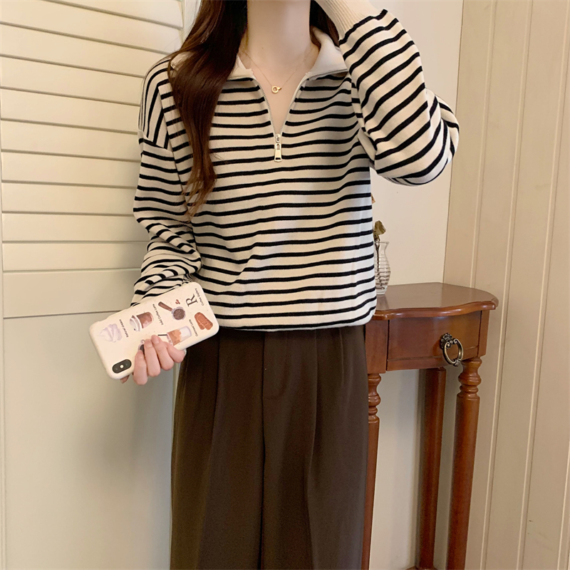 實拍秋冬polo領半拉鏈百搭條紋寬鬆針織衫外穿翻領套頭毛衣女