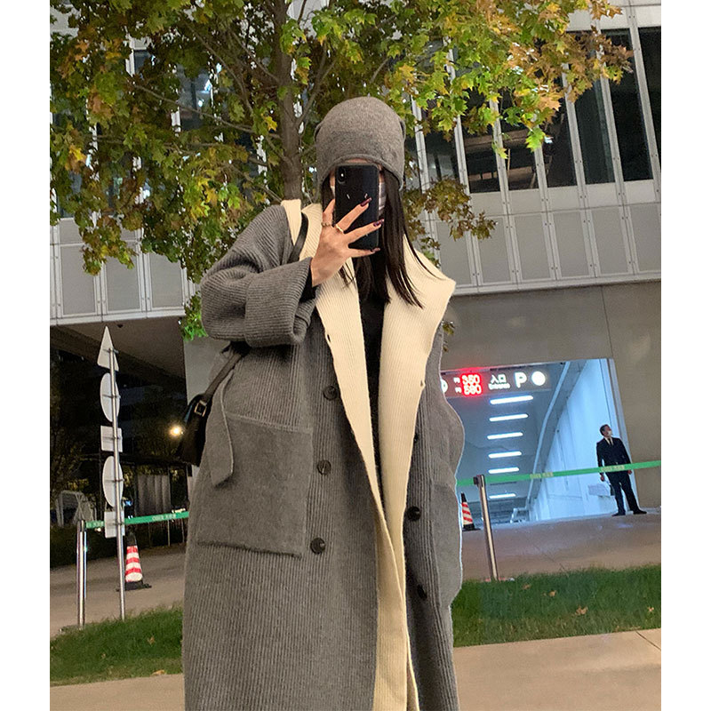 秋冬款慵懶風寬鬆假兩件連帽長款毛衣外套女氣質加厚過膝針織開衫