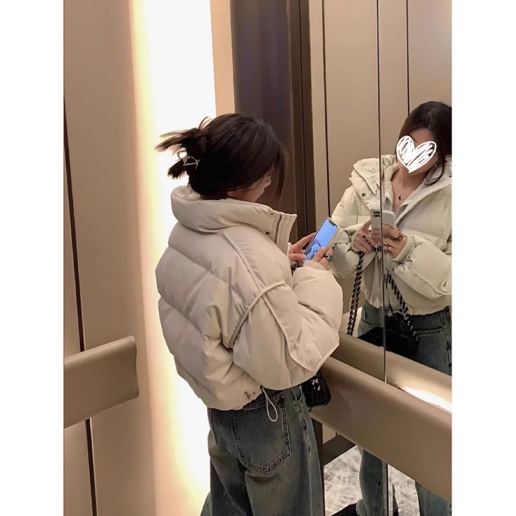 2023 new fashionable short style high waist thickened stand collar hem drawstring cotton clothing women's winter trend
