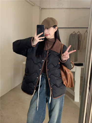 Real shot of fufu down cotton jacket for women with corduroy lapel loose warm cotton jacket for women