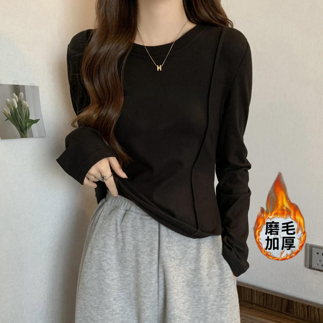 260克德絨圓弧形短款T恤女長袖秋冬裝內搭加厚磨毛打底衫上衣