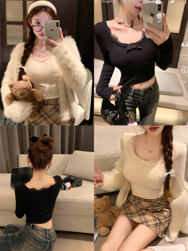 Actual shot ~ sweet bow lace bottoming shirt brushed large U-neck gentle style long-sleeved T-shirt with chest pad