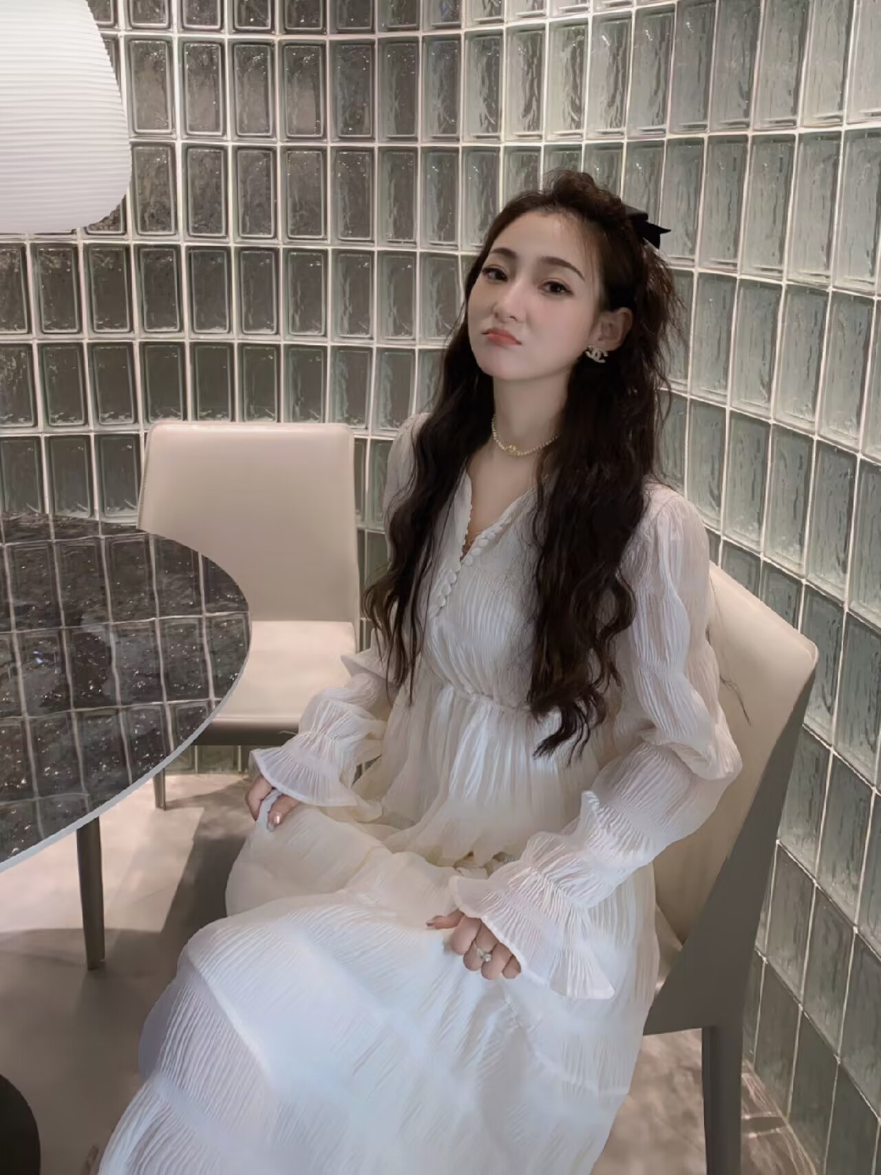 早春款2023新款V領長袖茶歇法式連 衣裙女設計感小眾氣質高腰長裙