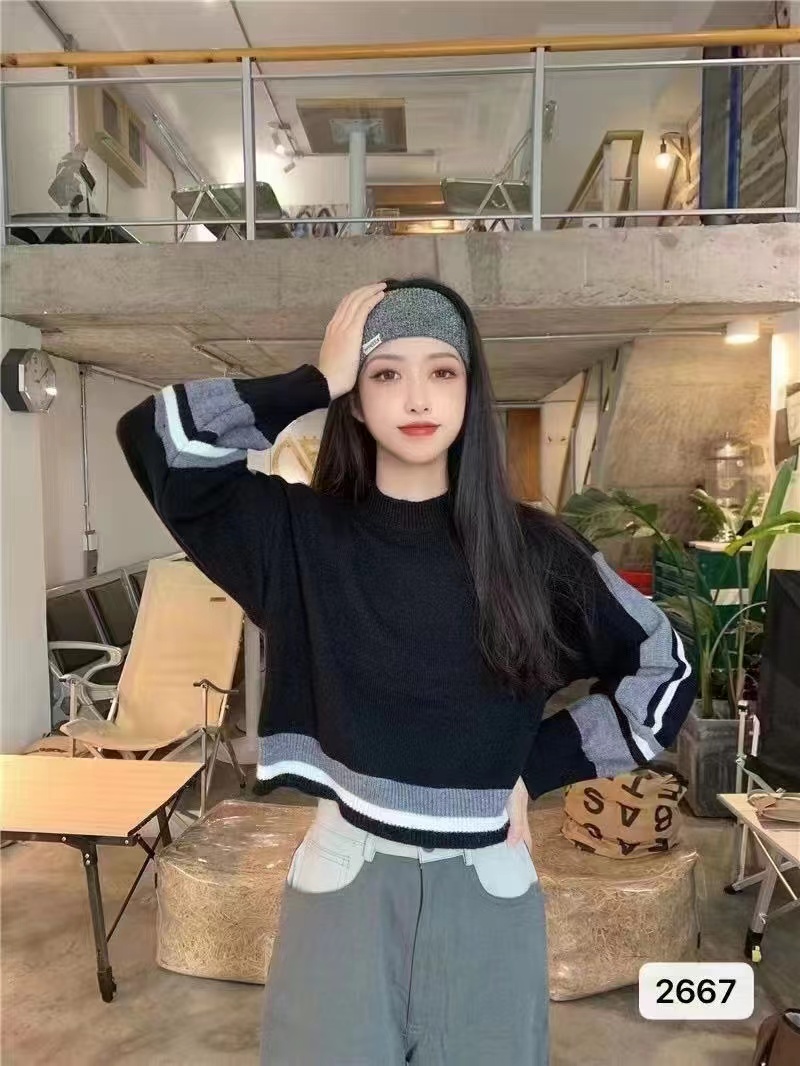 慵懶風燈籠袖毛衣女秋冬裝設計感小眾寬鬆套頭短款撞色針織衫上衣
