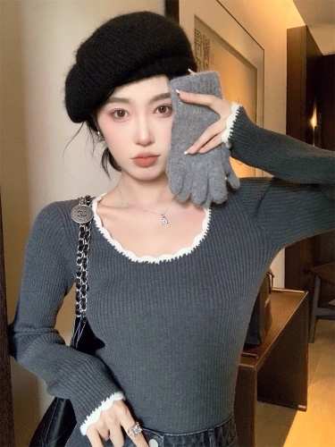 French low-round neck knit sweater for women, early autumn retro elegance base layer, slimming turtleneck sweater, inner wear top