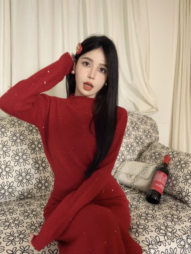 實拍 小香風針織套裝裙高級感聖誕紅上衣高腰半身裙兩件套