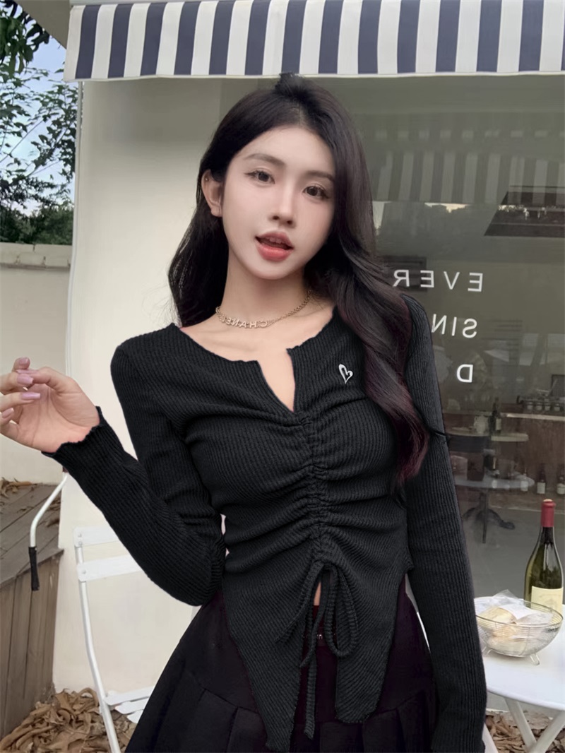 實拍！設計感小眾不規則抽繩褶皺針織V領辣妹正肩上衣