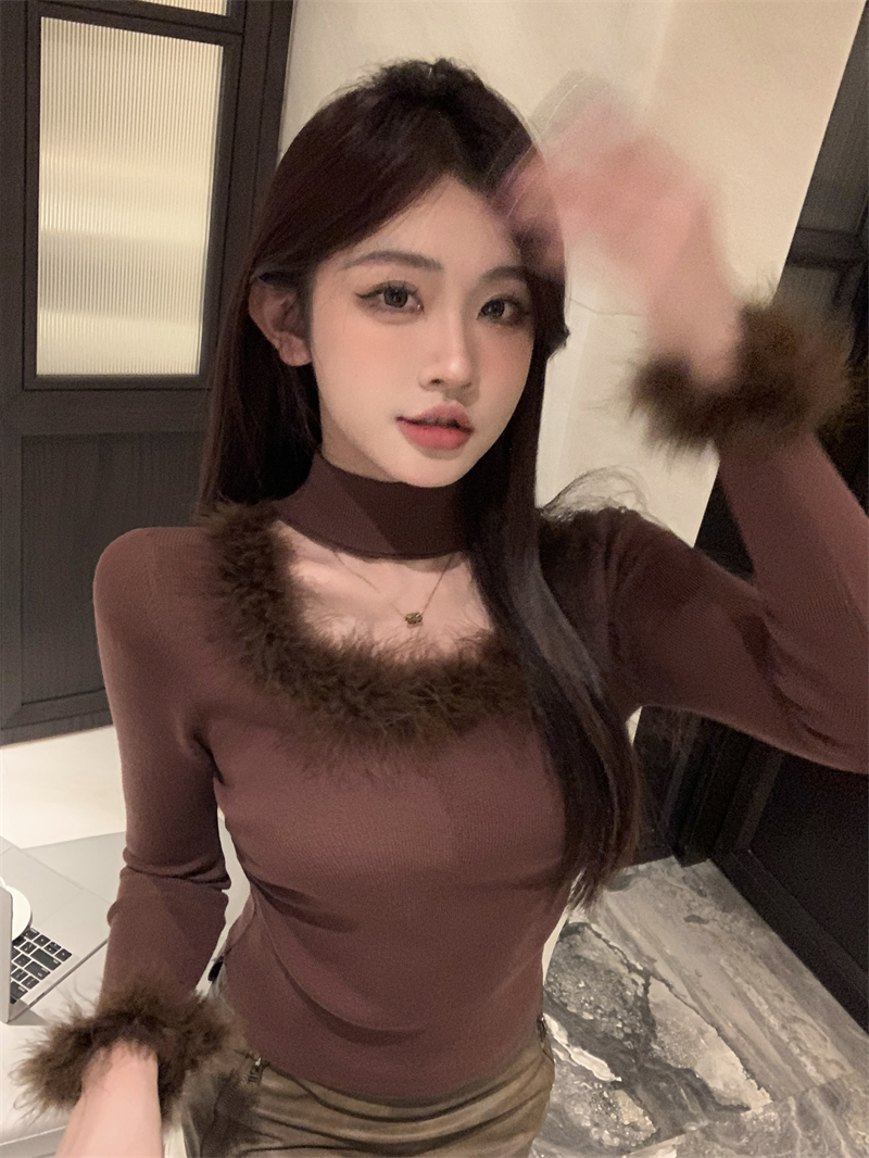 Real shot of sweet and spicy plush velvet square collar exposed clavicle pleated waist knitted sweater top for women